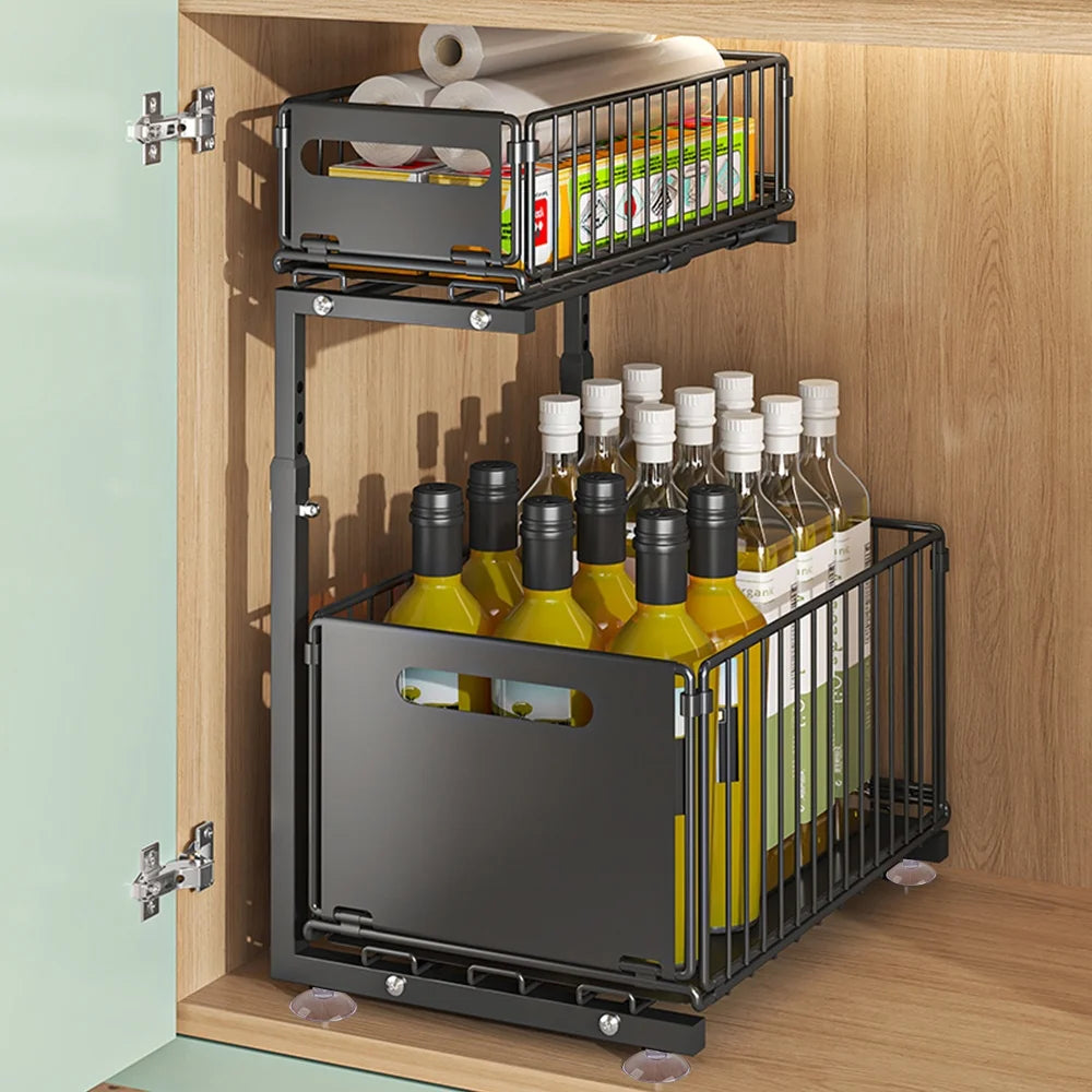 2 Tier Sliding Storage Rack Installation Free Kitchen Storage Rac Space Saving Carbon Steel Under Sink Organizer For Kitchen