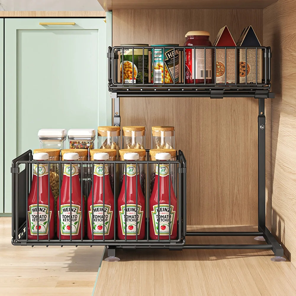 2 Tier Sliding Storage Rack Installation Free Kitchen Storage Rac Space Saving Carbon Steel Under Sink Organizer For Kitchen