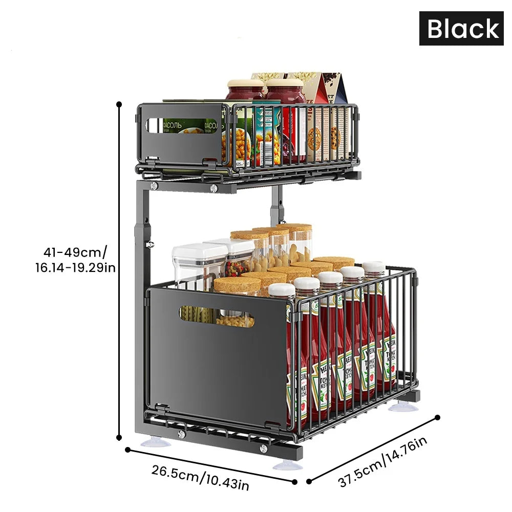 2 Tier Sliding Storage Rack Installation Free Kitchen Storage Rac Space Saving Carbon Steel Under Sink Organizer For Kitchen