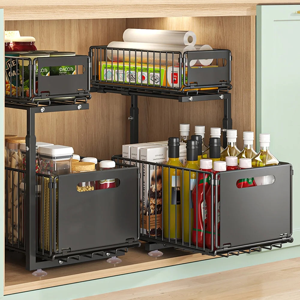 2 Tier Sliding Storage Rack Installation Free Kitchen Storage Rac Space Saving Carbon Steel Under Sink Organizer For Kitchen