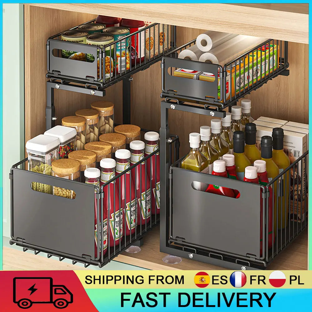 2 Tier Sliding Storage Rack Installation Free Kitchen Storage Rac Space Saving Carbon Steel Under Sink Organizer For Kitchen