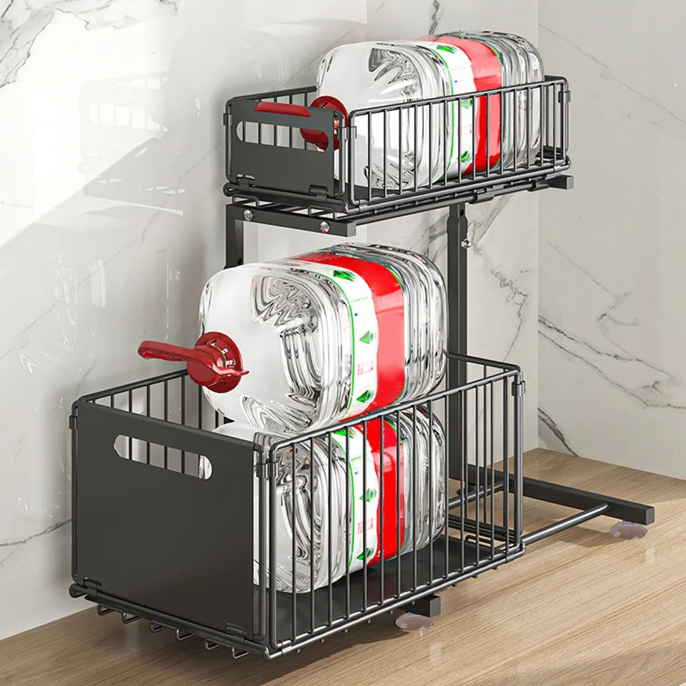 2 Tier Sliding Storage Rack Installation Free Kitchen Storage Rac Space Saving Carbon Steel Under Sink Organizer For Kitchen