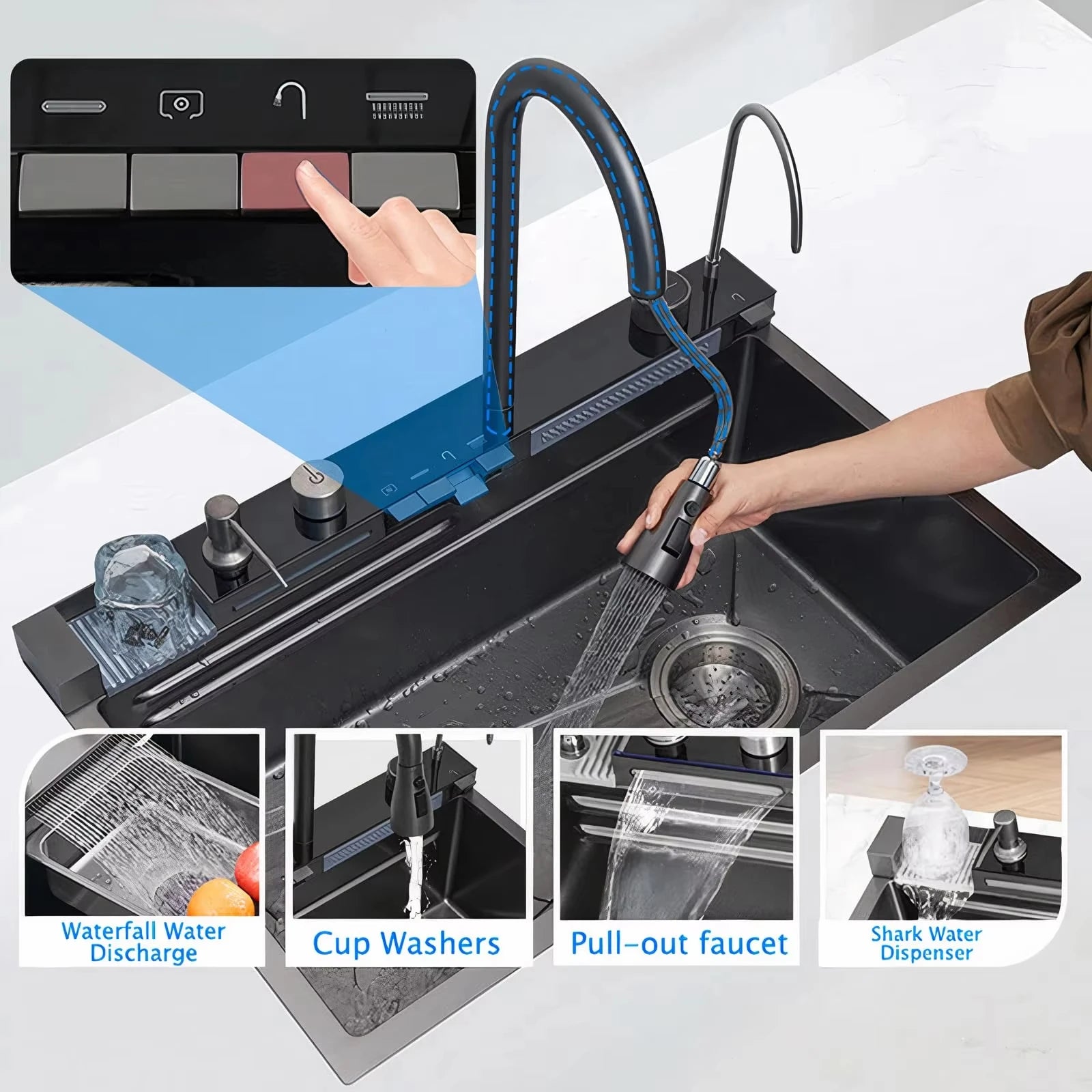 High Quality Modern Smart Multifunction Stainless Steel 304 Waterfall Sink Handmade Undermount Kitchen Counter Installation