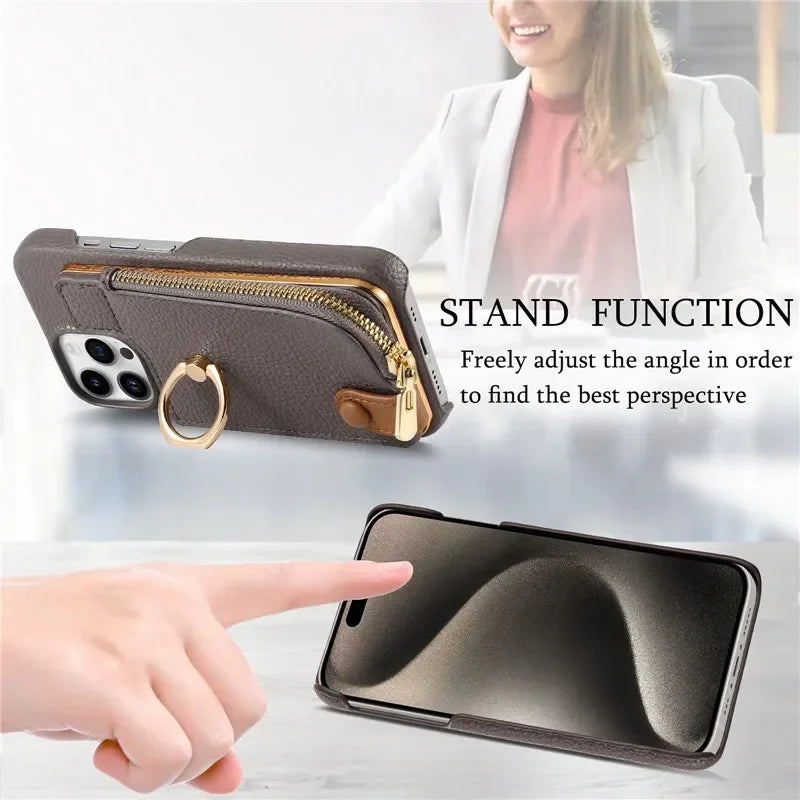 Leather Zipper Wallet with Card Holder Phone Case for IPhone 17 Air 16E 16 15 14 13 12 11 Pro Max XS Plus Ring Kickstand Cover