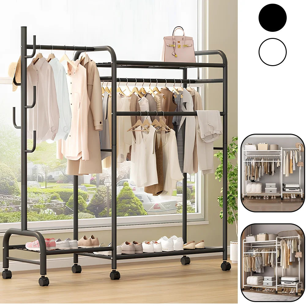 Clothing Rail Coat Rack Movable Multi-Rail Clothes Shelf Floor-Standing Clothes Hanger Bedroom Clothes Rack Stand