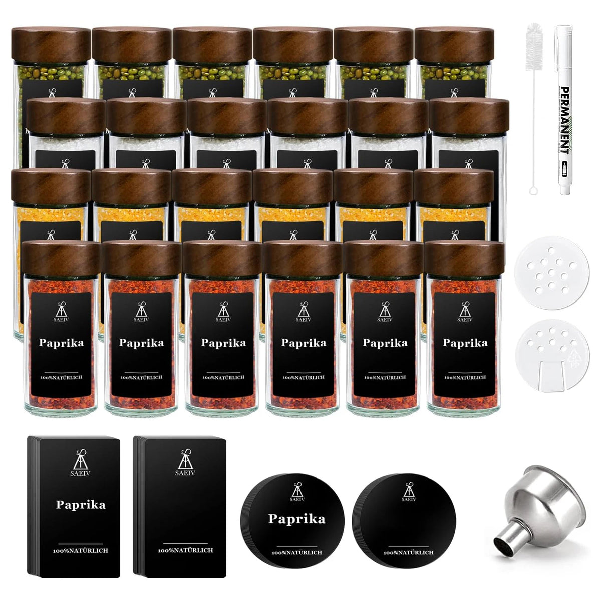 12/24 Pcs 120ml Glass Spice Jars with Natural Acacia Wood Lid, Round Shaker Containers with Labels for Kitchen Storage