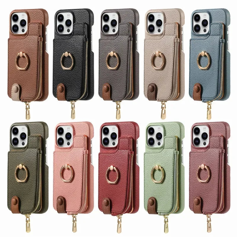 Leather Zipper Wallet with Card Holder Phone Case for IPhone 17 Air 16E 16 15 14 13 12 11 Pro Max XS Plus Ring Kickstand Cover
