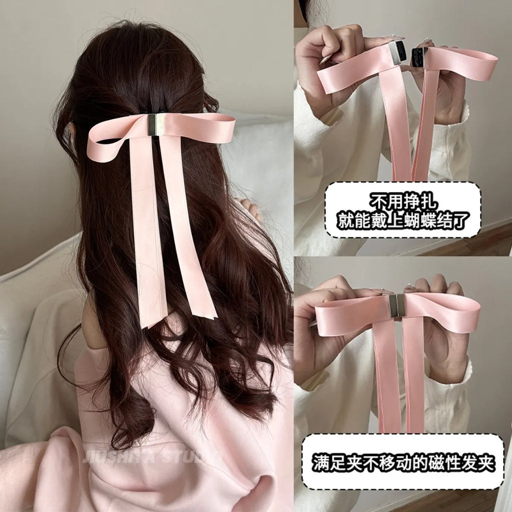 Strong Hold Bow Magnetic Hair Clip No Slip Long Ribbons, Smart Magnet Hair Clips for Hairstyling No Crease Women