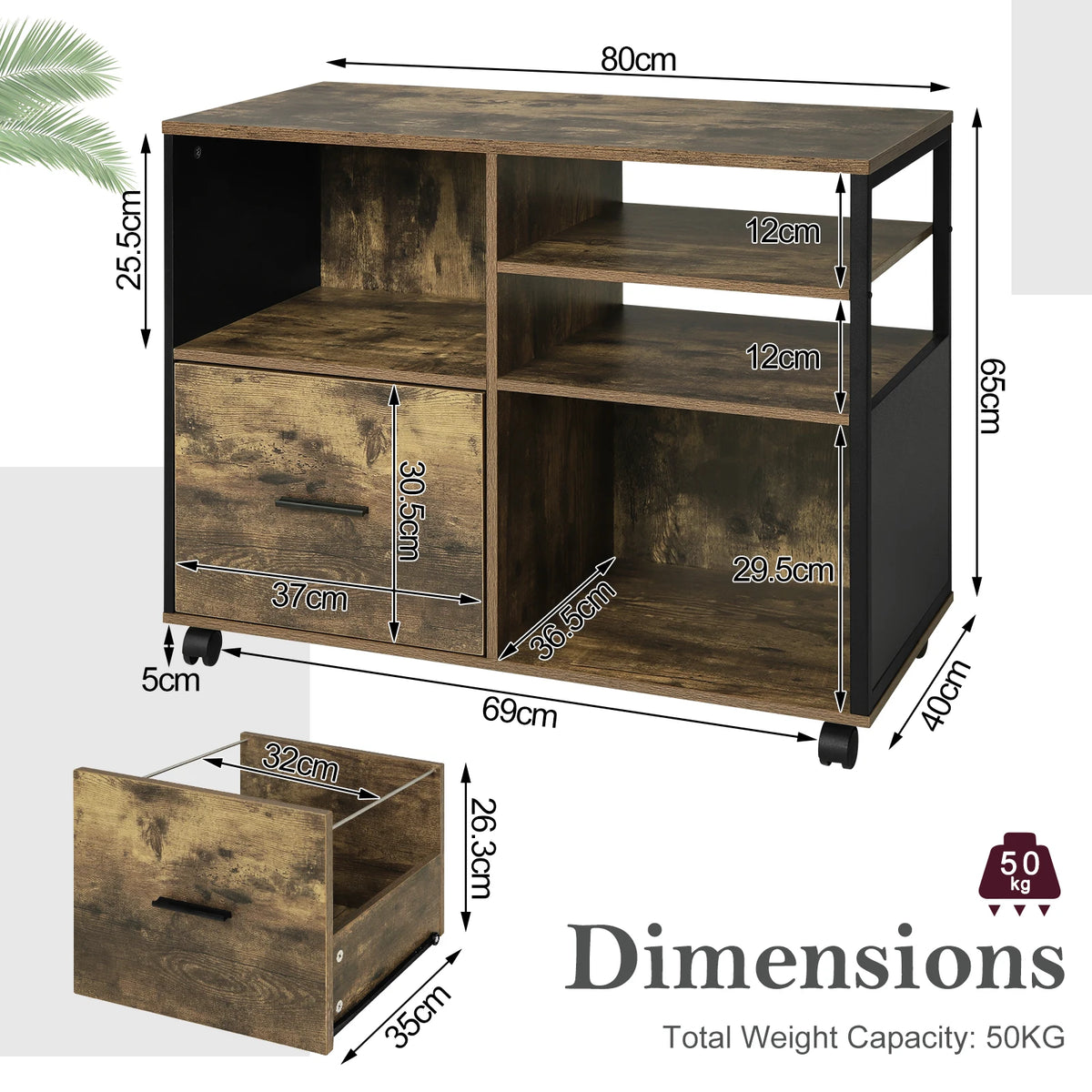 WOLTU Movable File Cabinet Rolling Container with Wheels Drawers Printer Table Hanging File Office Cabinet for Documents