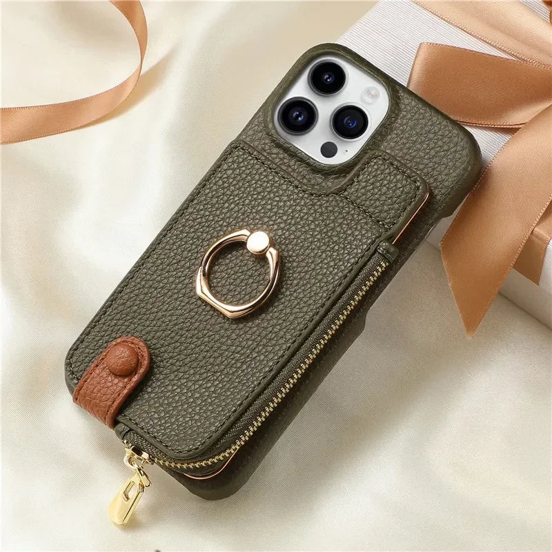 Leather Zipper Wallet with Card Holder Phone Case for IPhone 17 Air 16E 16 15 14 13 12 11 Pro Max XS Plus Ring Kickstand Cover