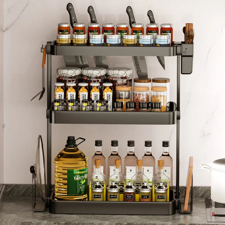 Kitchen Storage Rack, Multi-Purpose Spice Organizer, Countertop Utensil Holder for Knives, Chopsticks, Oil, Salt, Soy Sauce, Vin