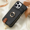 Leather Zipper Wallet with Card Holder Phone Case for IPhone 17 Air 16E 16 15 14 13 12 11 Pro Max XS Plus Ring Kickstand Cover