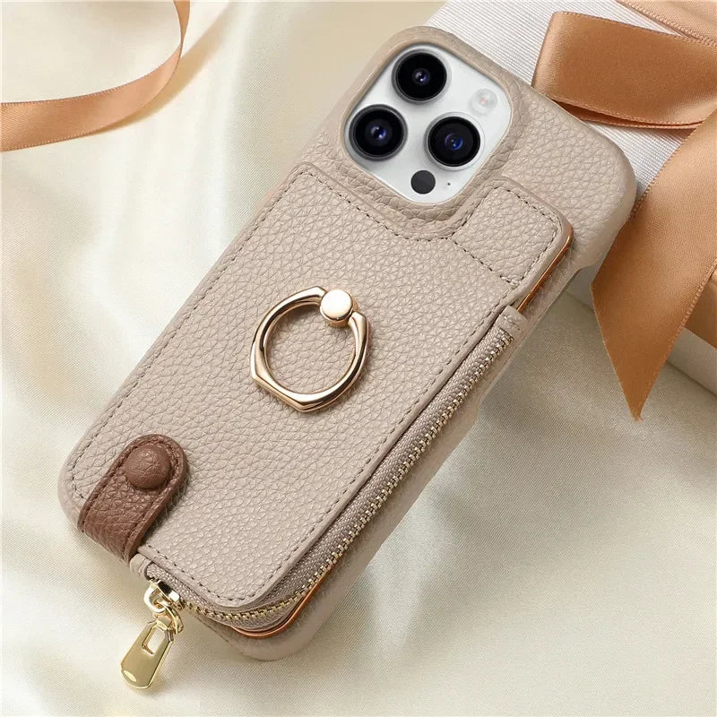 Leather Zipper Wallet with Card Holder Phone Case for IPhone 17 Air 16E 16 15 14 13 12 11 Pro Max XS Plus Ring Kickstand Cover